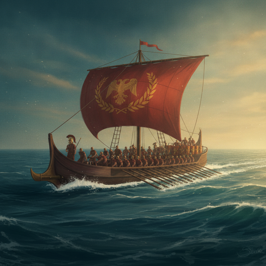 An ancient Roman galley rowing in unison across the sea