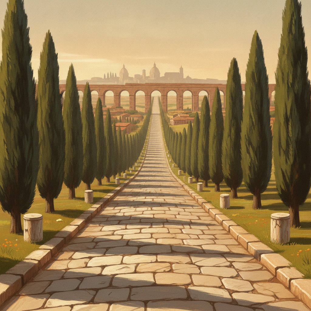 An ancient Roman road leading to the distant city of Rome